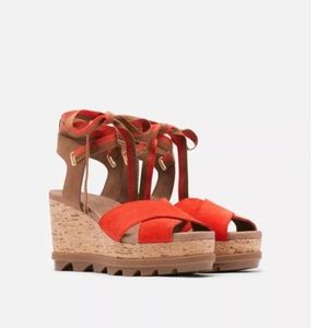 Sorel Women's Joanie II Hi Ankle Lace Wedge Sandal Signal Red leather/suede